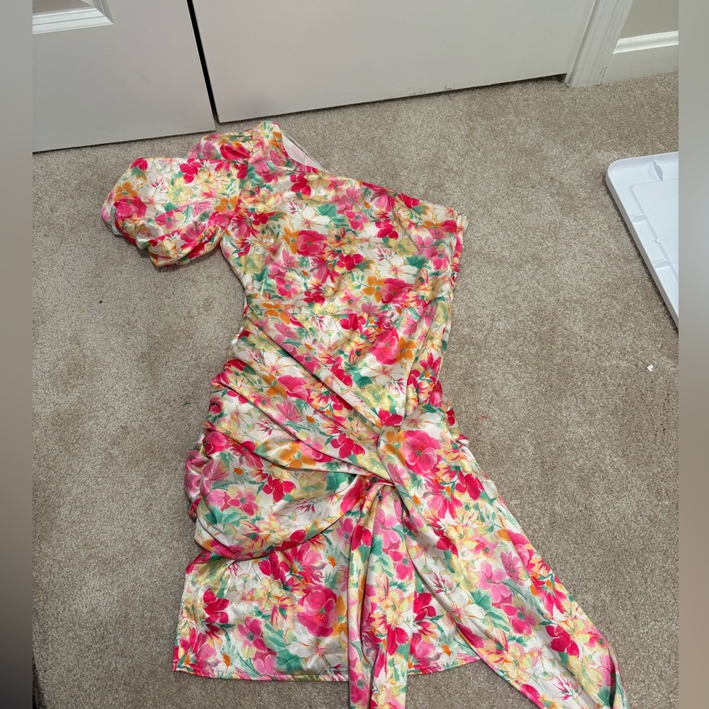 Floral One Shoulder Mini Dress XS Ruched Tie Waist Pink - Picture 6 of 7